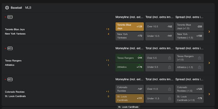 An image of baseball betting odds for a Toronto Blue Jays and New York Yankees game at BetWhale, demonstrating MLB betting in action.